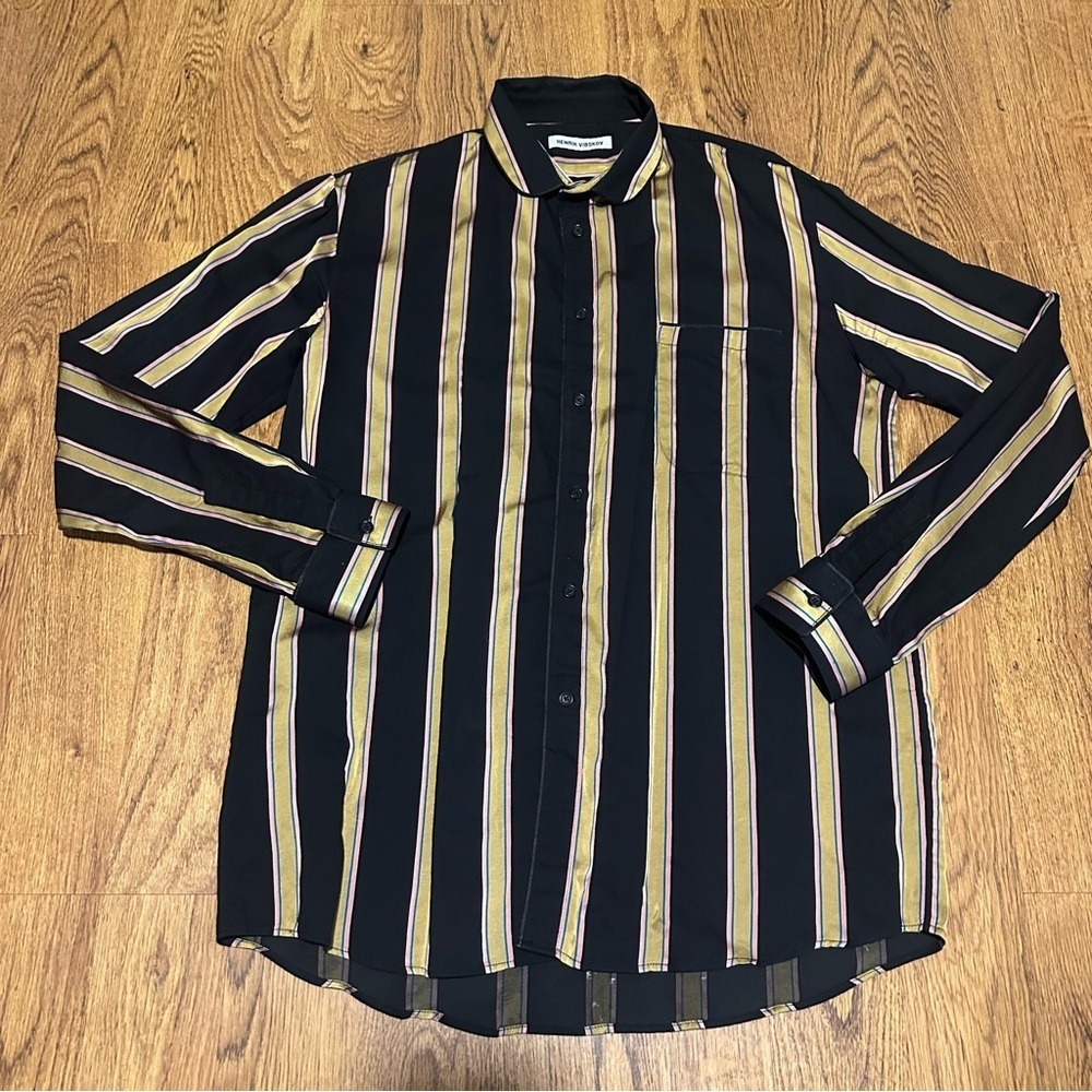 Henrik Vibskov Men's Black Gold Striped button up shirt size XL unique trendy